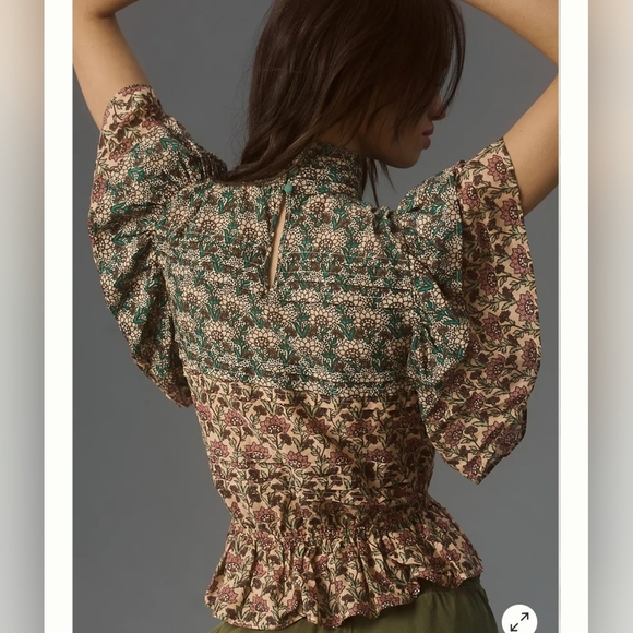 ANTHROPOLOGIE Let Me Be High-Neck Printed Peasant Blouse. Teal/mauve. XXS NWT - Picture 3 of 16